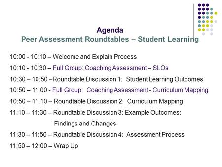 Agenda Peer Assessment Roundtables – Student Learning 10:00 - 10:10 – Welcome and Explain Process 10:10 - 10:30 – Full Group: Coaching Assessment – SLOs.