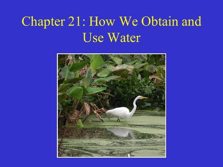 Chapter 21: How We Obtain and Use Water. Water To understand water, we must understand its characteristics, and roles: –Water has a high capacity to absorb.