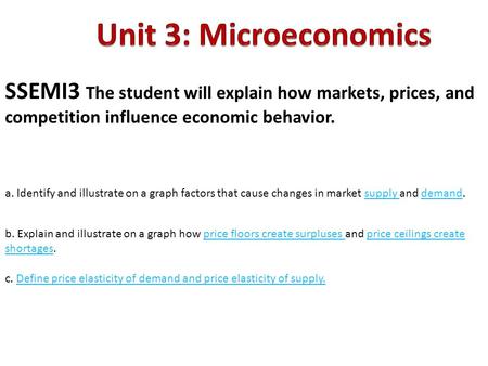 Unit 3: Microeconomics SSEMI3 The student will explain how markets, prices, and competition influence economic behavior. a. Identify and illustrate on.
