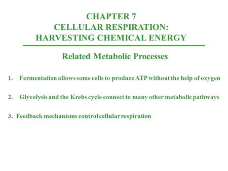 CHAPTER 7 CELLULAR RESPIRATION: HARVESTING CHEMICAL ENERGY