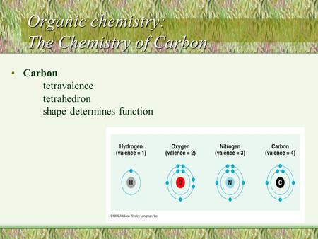 Organic chemistry: The Chemistry of Carbon Carbon tetravalence tetrahedron shape determines function.