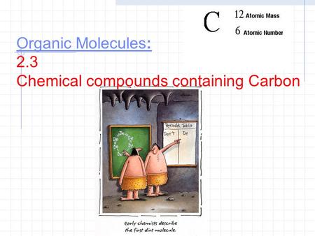 Organic Molecules: Organic Molecules: 2.3 Chemical compounds containing Carbon.