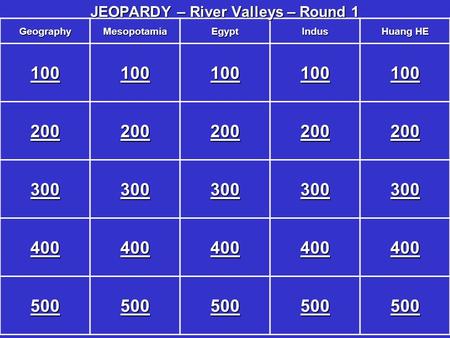 GeographyMesopotamiaEgyptIndus Huang HE 100 200 300 400 500 JEOPARDY – River Valleys – Round 1.