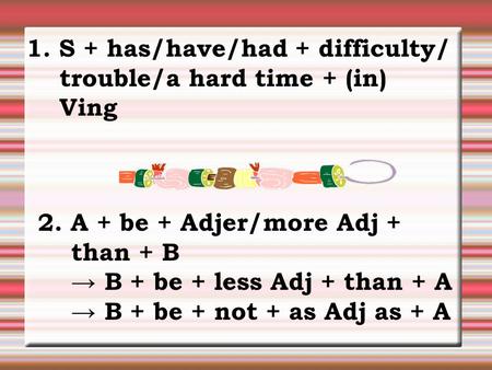 1. S + has/have/had + difficulty/ trouble/a hard time + (in) V­ing 2. A + be + Adj­er/more Adj + than + B → B + be + less Adj + than + A → B + be + not.
