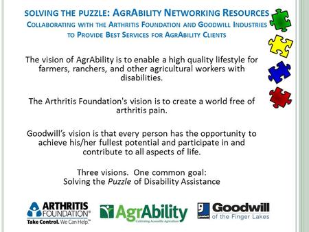 SOLVING THE PUZZLE : A GR A BILITY N ETWORKING R ESOURCES C OLLABORATING WITH THE A RTHRITIS F OUNDATION AND G OODWILL I NDUSTRIES TO P ROVIDE B EST S.