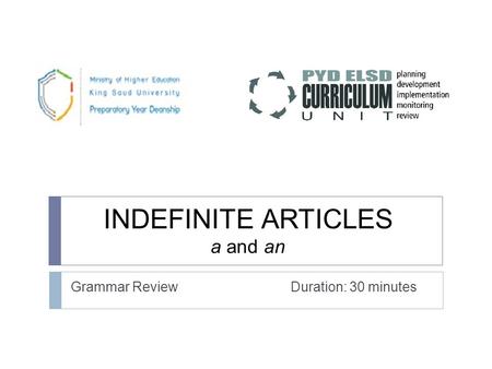 INDEFINITE ARTICLES a and an Grammar Review Duration: 30 minutes.