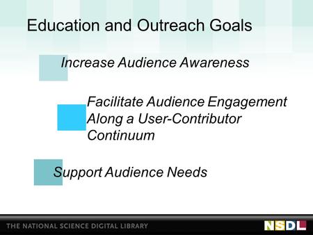 Education and Outreach Goals Increase Audience Awareness Facilitate Audience Engagement Along a User-Contributor Continuum Support Audience Needs.