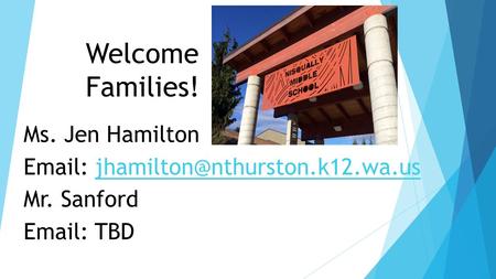 Welcome Families! Ms. Jen Hamilton   Mr. Sanford   TBD.
