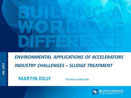 July 2013 TECHNICAL DIRECTOR ENVIRONMENTAL APPLICATIONS OF ACCELERATORS INDUSTRY CHALLENGES – SLUDGE TREATMENT MARTIN JOLLY.