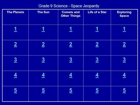 Grade 9 Science - Space Jeopardy The PlanetsThe SunComets and Other Things Life of a StarExploring Space 11111 22222 33333 44444 55555.