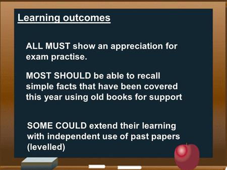Learning outcomes ALL MUST show an appreciation for exam practise. MOST SHOULD be able to recall simple facts that have been covered this year using old.