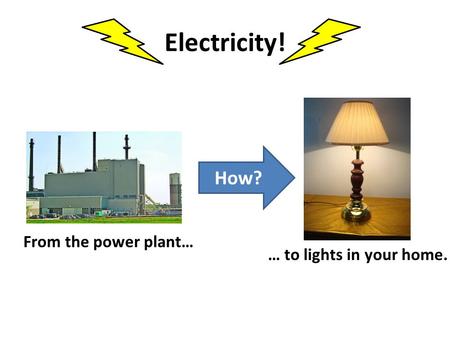 Electricity! From the power plant… … to lights in your home. How?