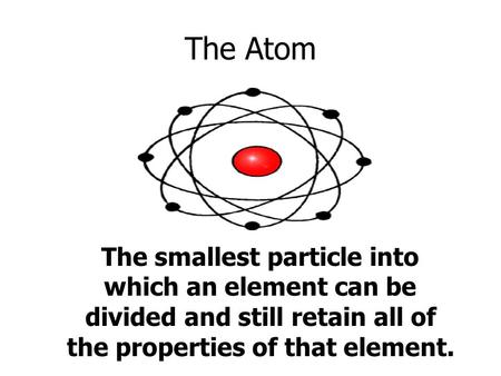 The Atom The smallest particle into which an element can be divided and still retain all of the properties of that element.