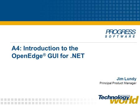 A4: Introduction to the OpenEdge ® GUI for.NET Jim Lundy Principal Product Manager.