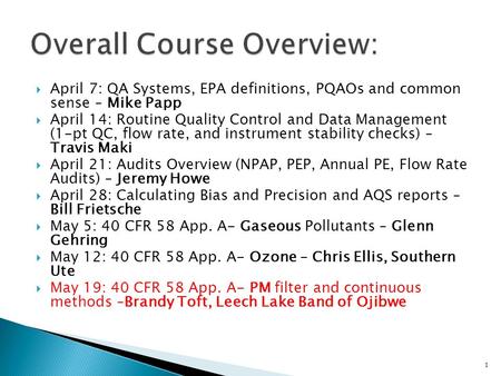  April 7: QA Systems, EPA definitions, PQAOs and common sense – Mike Papp  April 14: Routine Quality Control and Data Management (1-pt QC, flow rate,