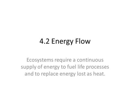 4.2 Energy Flow Ecosystems require a continuous supply of energy to fuel life processes and to replace energy lost as heat.