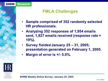 © 2005 SHRM SHRM Weekly Online Survey: January 25, 2005 FMLA Challenges Sample comprised of 352 randomly selected HR professionals. Analyzing 352 responses.