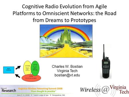 Cognitive Radio Evolution from Agile Platforms to Omniscient Networks: the Road from Dreams to Prototypes Charles W. Bostian Virginia Tech