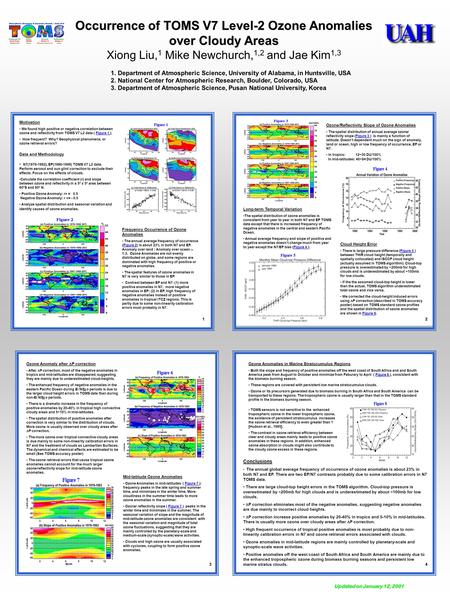 Occurrence of TOMS V7 Level-2 Ozone Anomalies over Cloudy Areas Xiong Liu, 1 Mike Newchurch, 1,2 and Jae Kim 1,3 1. Department of Atmospheric Science,
