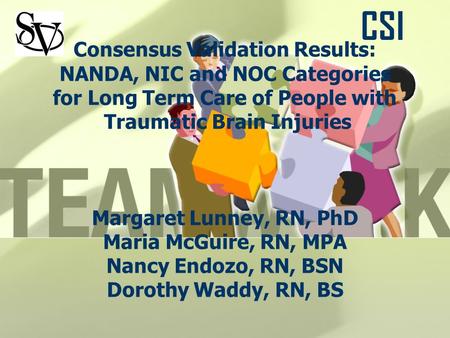 Consensus Validation Results: NANDA, NIC and NOC Categories for Long Term Care of People with Traumatic Brain Injuries Margaret Lunney, RN, PhD Maria McGuire,