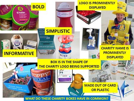 BOLD SIMPLISTIC INFORMATIVE CHARITY NAME IS PROMINENTLY DISPLAYED MADE OUT OF CARD OR PLASTIC LOGO IS PROMINENTLY DISPLAYED BOX IS IN THE SHAPE OF THE.