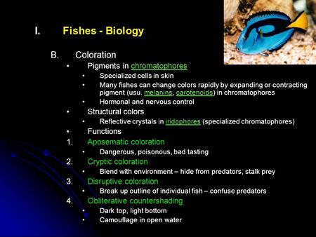 Fishes - Biology Coloration Pigments in chromatophores