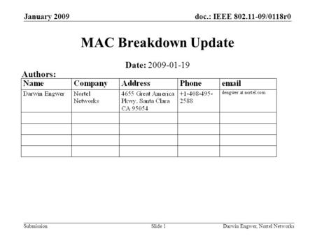 Doc.: IEEE 802.11-09/0118r0 Submission January 2009 Darwin Engwer, Nortel NetworksSlide 1 MAC Breakdown Update Date: 2009-01-19 Authors:
