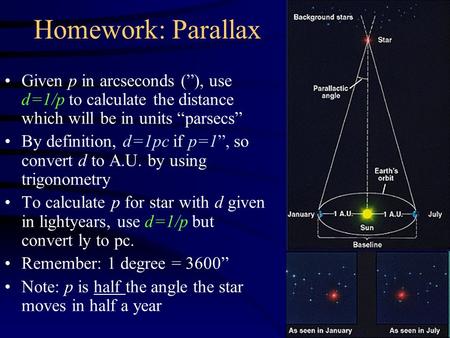 Homework: Parallax Given p in arcseconds (”), use d=1/p to calculate the distance which will be in units “parsecs” By definition, d=1pc if p=1”, so convert.
