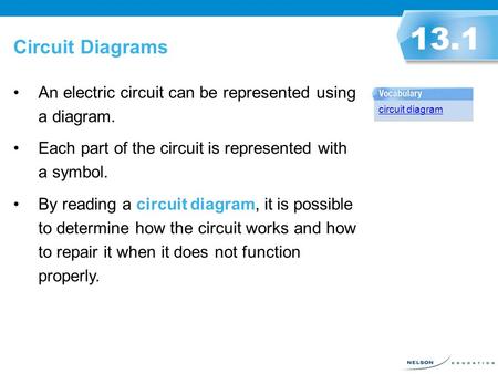 Circuit Diagrams 13.1 An electric circuit can be represented using a diagram. Each part of the circuit is represented with a symbol. By reading a circuit.