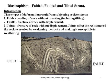 Harry Williams, Geomorphology1 Diastrophism - Folded, Faulted and Tilted Strata. Introduction Three types of deformation result from subjecting rock to.