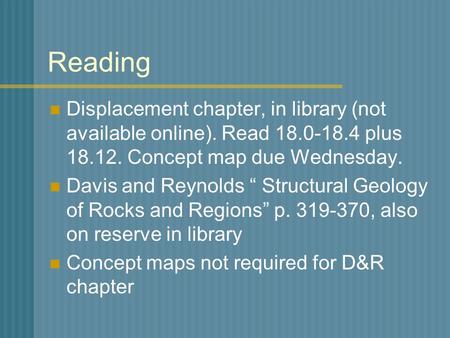 Reading Displacement chapter, in library (not available online). Read 18.0-18.4 plus 18.12. Concept map due Wednesday. Davis and Reynolds “ Structural.