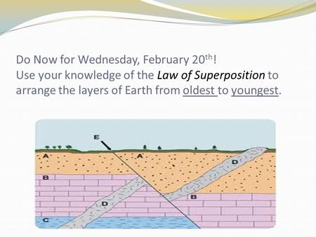 Do Now for Wednesday, February 20 th ! Use your knowledge of the Law of Superposition to arrange the layers of Earth from oldest to youngest.