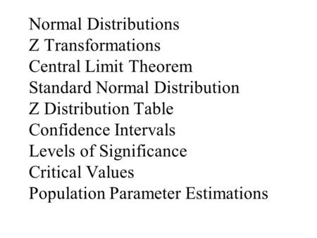 Normal Distributions Z Transformations Central Limit Theorem Standard Normal Distribution Z Distribution Table Confidence Intervals Levels of Significance.