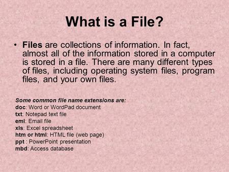What is a File? Files are collections of information. In fact, almost all of the information stored in a computer is stored in a file. There are many different.