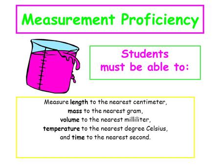 Measurement Proficiency Measure length to the nearest centimeter, mass to the nearest gram, volume to the nearest milliliter, temperature to the nearest.