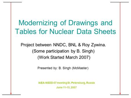 Modernizing of Drawings and Tables for Nuclear Data Sheets Project between NNDC, BNL & Roy Zywina. (Some participation by B. Singh) (Work Started March.