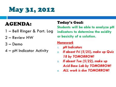 May 31, 2012 AGENDA: 1 – Bell Ringer & Part. Log 2 – Review HW 3 – Demo 4 – pH Indicator Activity Today’s Goal: Students will be able to analyze pH indicators.