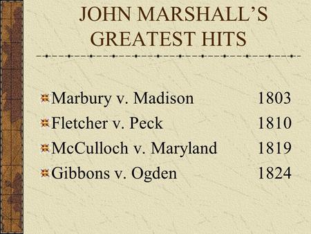 JOHN MARSHALL’S GREATEST HITS Marbury v. Madison1803 Fletcher v. Peck1810 McCulloch v. Maryland1819 Gibbons v. Ogden1824.