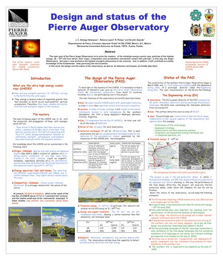 Design and status of the Pierre Auger Observatory J. C. Arteaga Velázquez 1, Rebeca López 2, R. Pelayo 1 and Arnulfo Zepeda 1 1 Departamento de Física,
