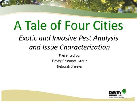 10/11/20151 A Tale of Four Cities A Tale of Four Cities Exotic and Invasive Pest Analysis and Issue Characterization Presented by: Davey Resource Group.