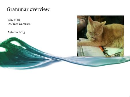 Grammar overview ESL 0190 Dr. Tara Narcross Autumn 2013.