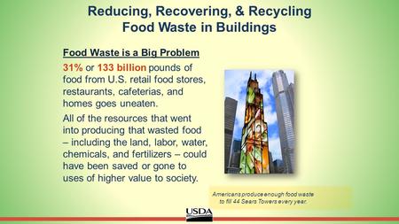 Reducing, Recovering, & Recycling Food Waste in Buildings Food Waste is a Big Problem 31% or 133 billion pounds of food from U.S. retail food stores, restaurants,