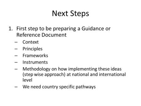 Next Steps 1.First step to be preparing a Guidance or Reference Document – Context – Principles – Frameworks – Instruments – Methodology on how implementing.