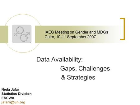 IAEG Meeting on Gender and MDGs Cairo, 10-11 September 2007 Data Availability: Gaps, Challenges & Strategies Neda Jafar Statistics Division ESCWA