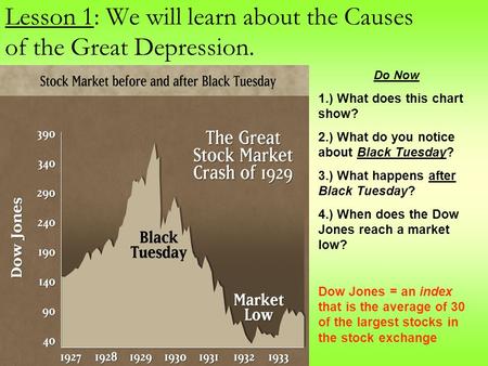 Lesson 1: We will learn about the Causes of the Great Depression. Do Now 1.) What does this chart show? 2.) What do you notice about Black Tuesday? 3.)