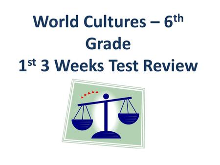 World Cultures – 6 th Grade 1 st 3 Weeks Test Review.