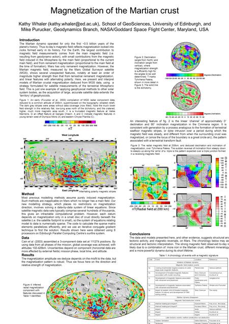 Magnetization of the Martian crust Kathy Whaler School of GeoSciences, University of Edinburgh, and Mike Purucker, Geodynamics.