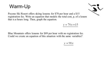 Warm-Up Pocono Ski Resort offers skiing lessons for $70 per hour and a $15 registration fee. Write an equation that models the total cost, y, of a lesson.