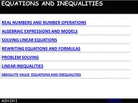 EQUATIONS AND INEQUALITIES A2H CH 1 APPENDIX. Whole: 0, 1, 2, 3….. Integers: Whole numbers negative and positive. … -2, -1, 0, 1, 2, 3… Rational Numbers: