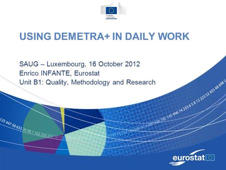 USING DEMETRA+ IN DAILY WORK SAUG – Luxembourg, 16 October 2012 Enrico INFANTE, Eurostat Unit B1: Quality, Methodology and Research.